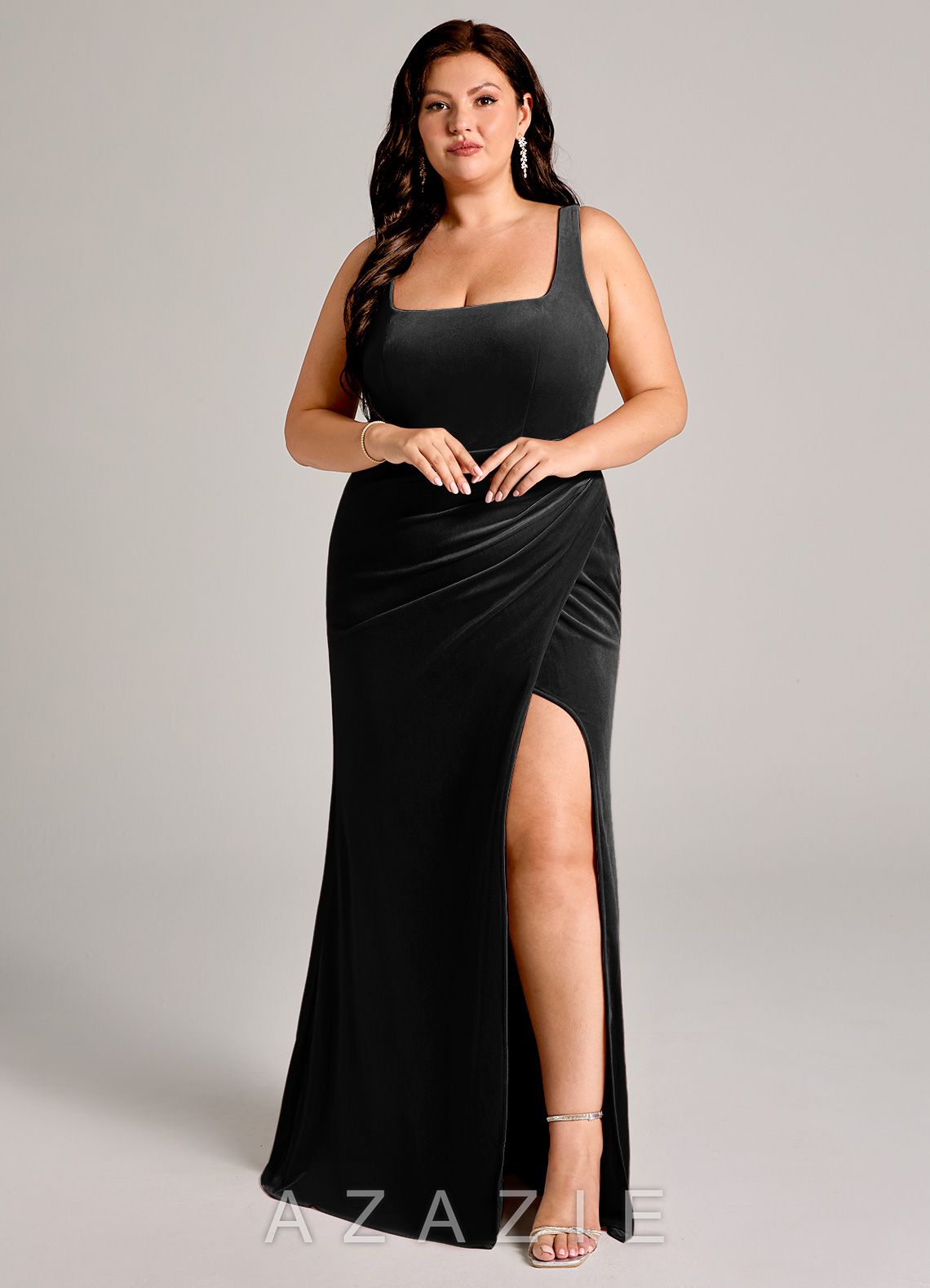 Azazie Mero Black Mermaid Pleated Velvet Dress black