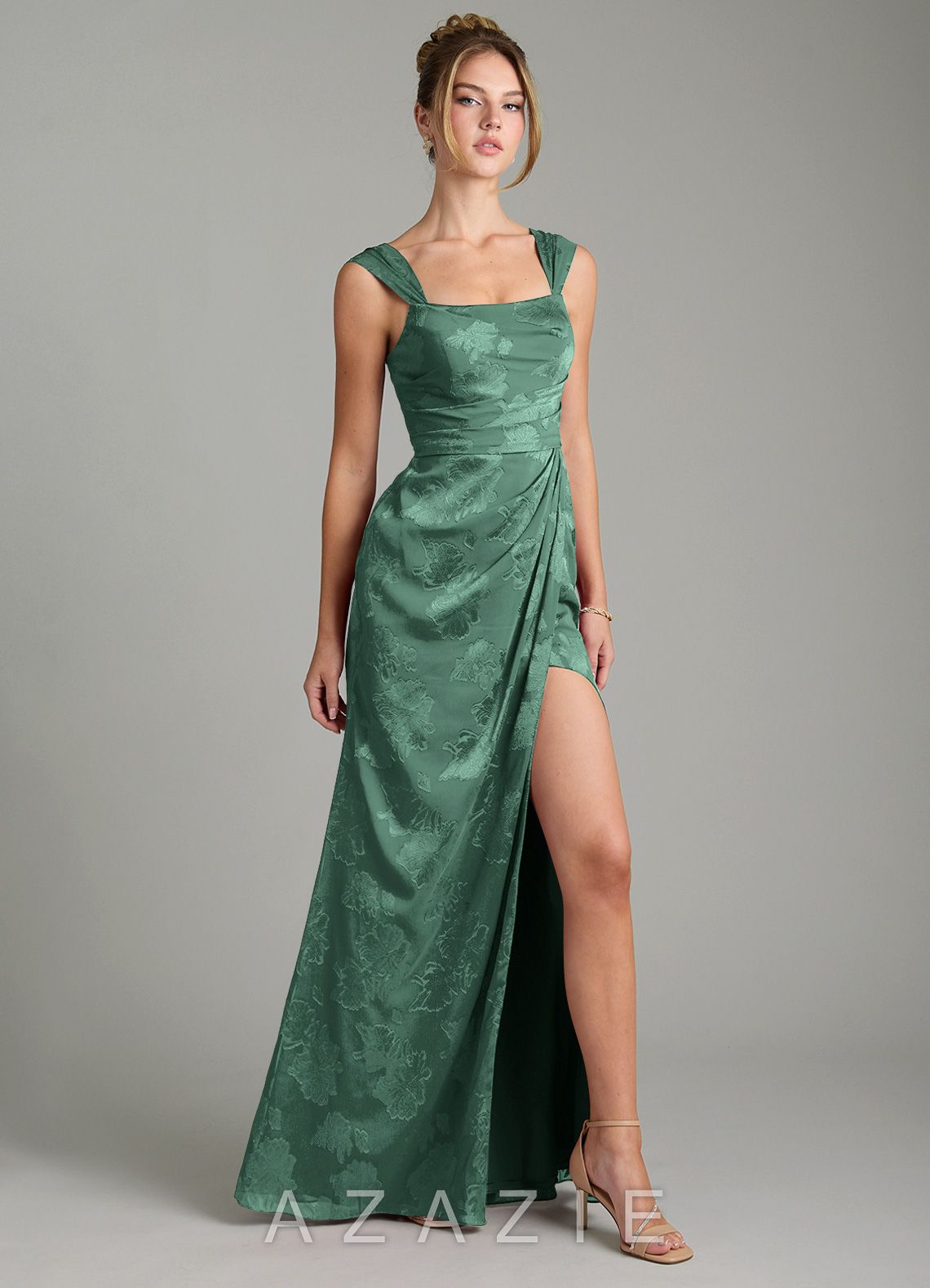 Azazie Kaelis Eucalyptus Mermaid Pleated Floral Jacquard Burnout Dress eucalyptus