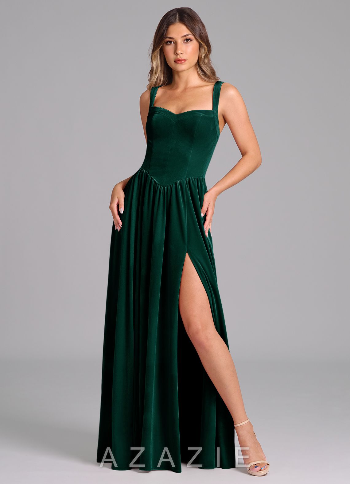 Azazie Francis Emerald A-Line Corset Velvet Dress