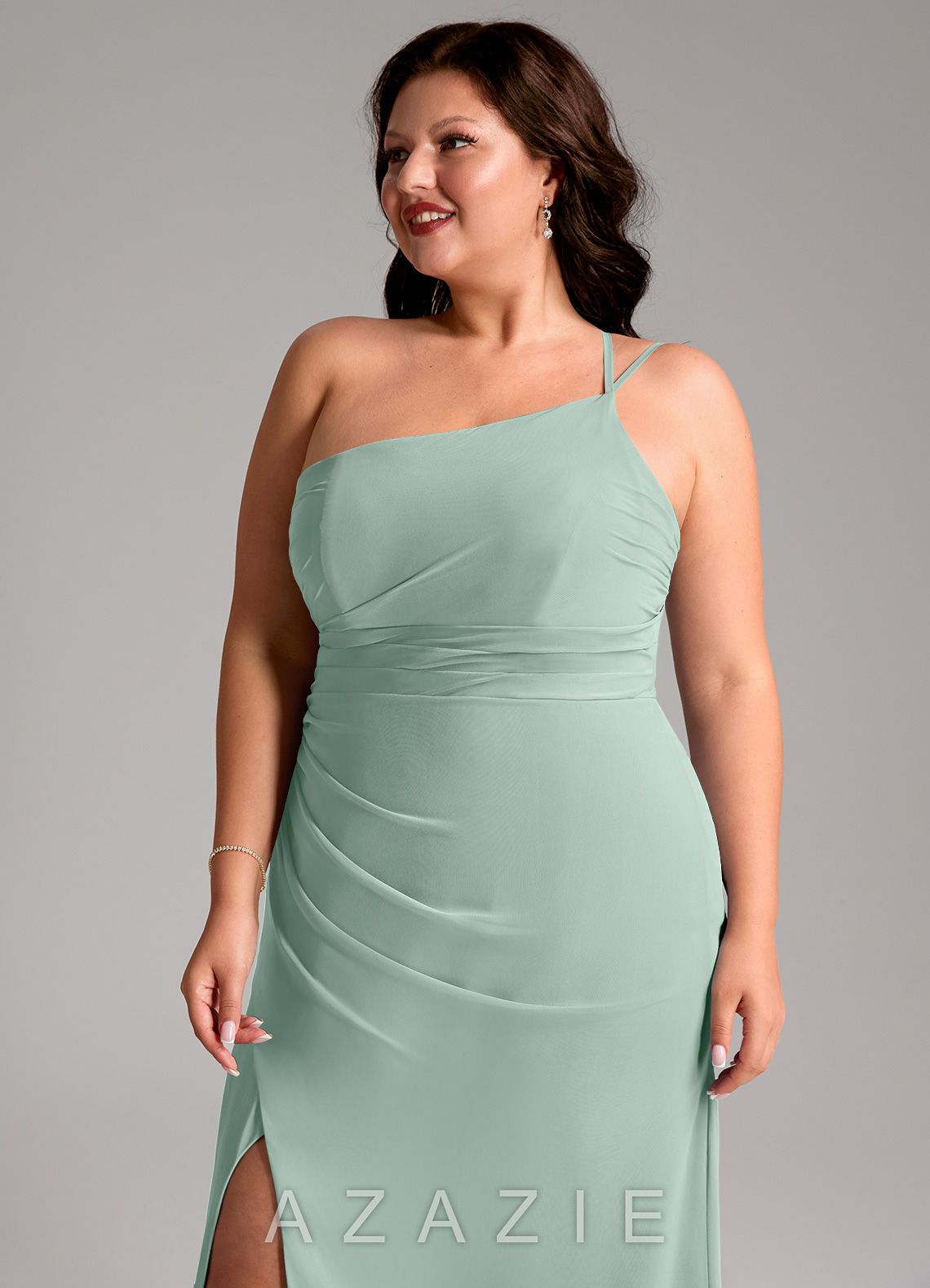 Azazie Eren Agave Sheath One Shoulder Chiffon Dress agave