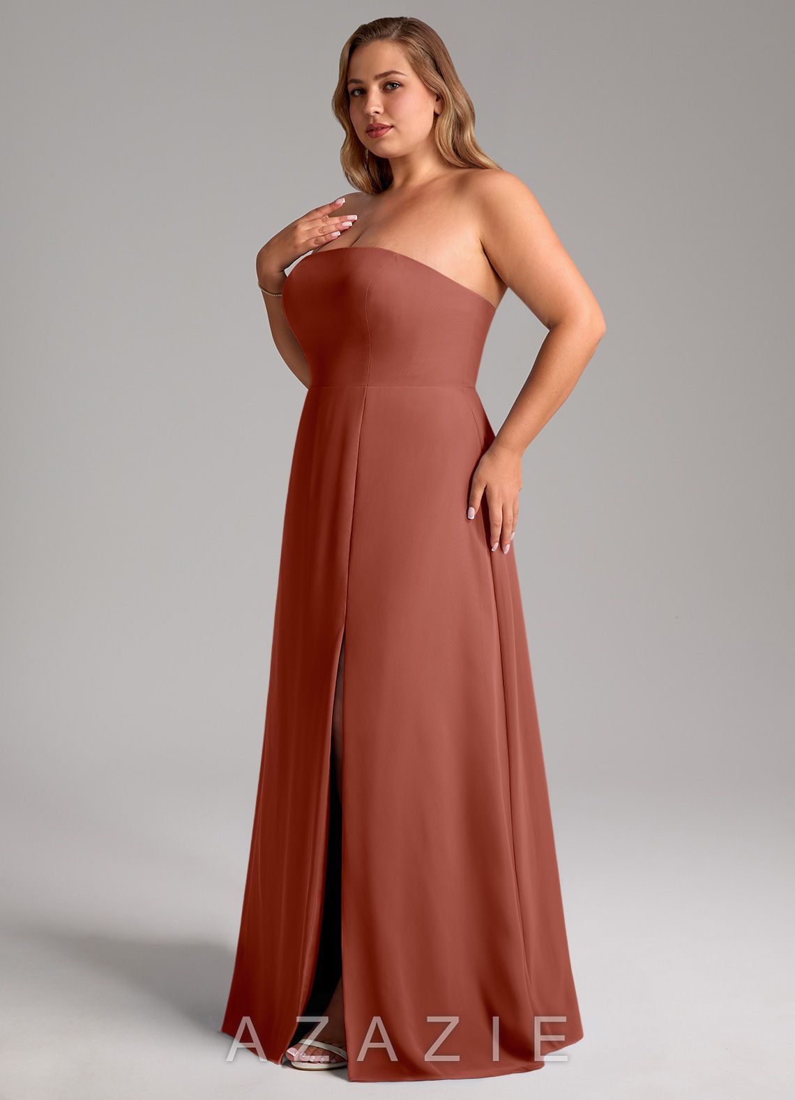 Azazie Wren Auburn A-Line Side Slit Chiffon Convertible Dress auburn