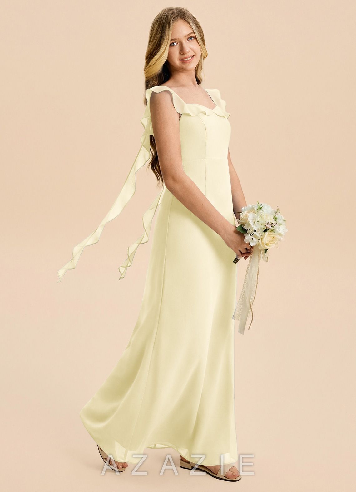 Azazie Cindy Junior Lemon Sorbet A-Line Ruched Chiffon Dress