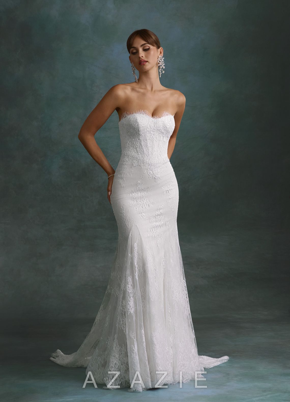 Azazie Dawna Diamond White Mermaid Strapless Lace Dress