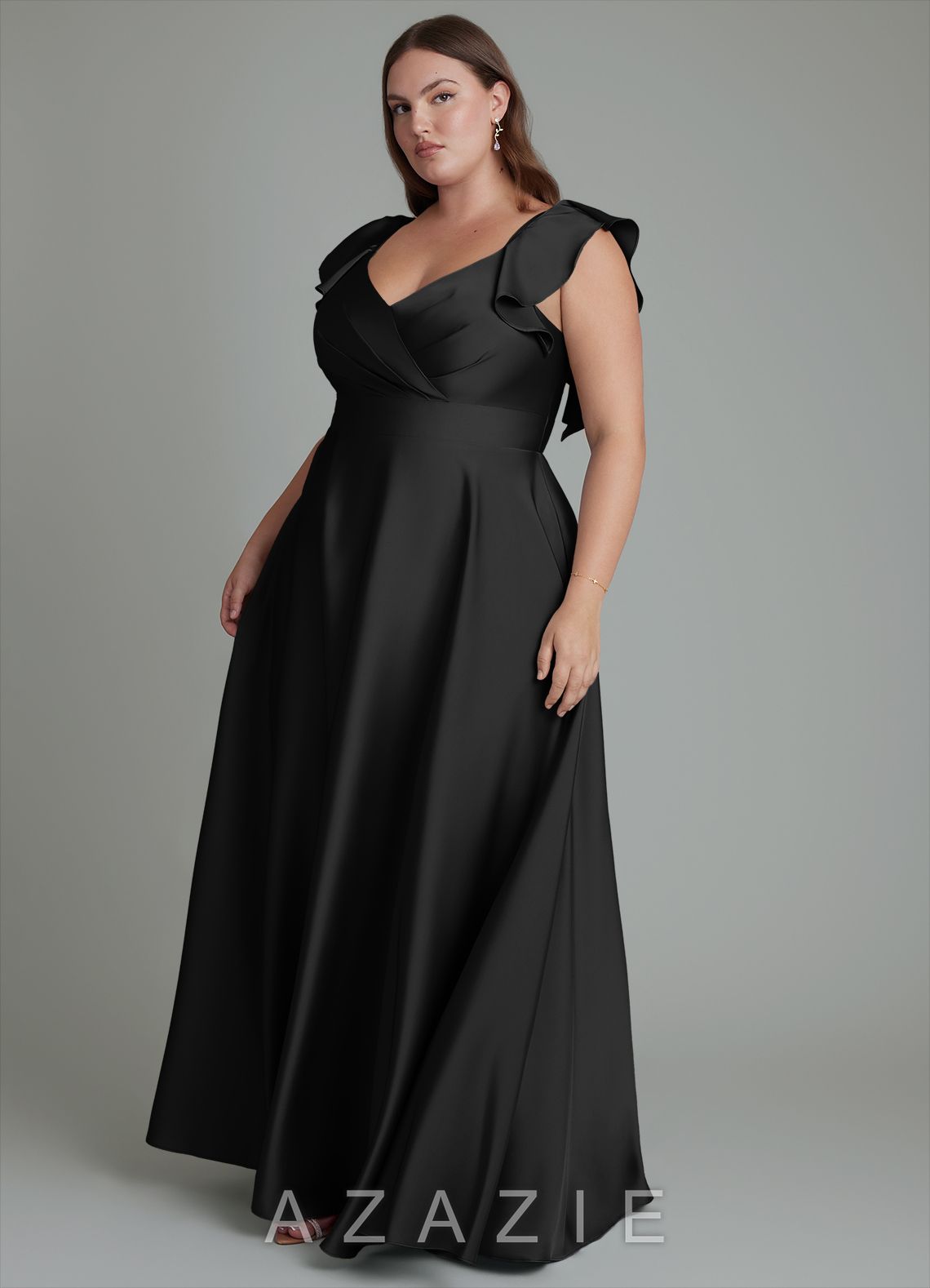 Azazie Leilani Black A-Line Ruched Stretch Satin Dress black