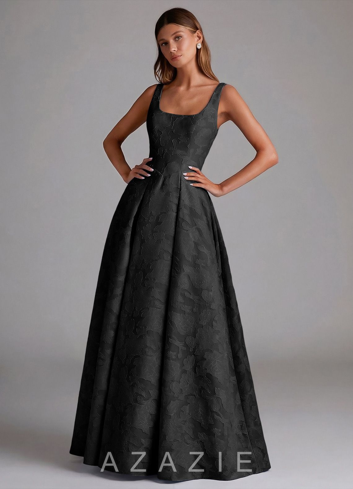 Azazie Amalie Black A-Line Pleated Floral Burnout Dress