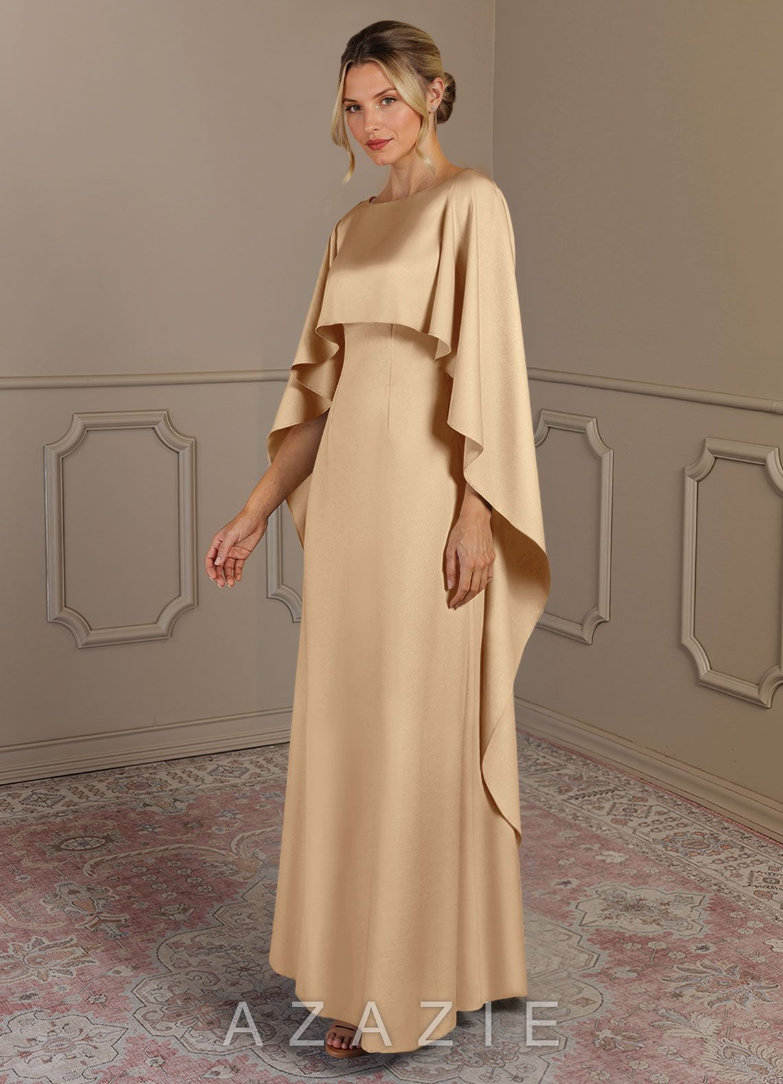Azazie Eli Champagne Sheath Boatneck Stretch Satin Dress champagne