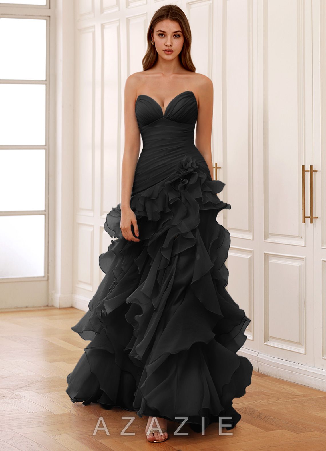 Christabelle Black Sweetheart Ruffled Chiffon Dress