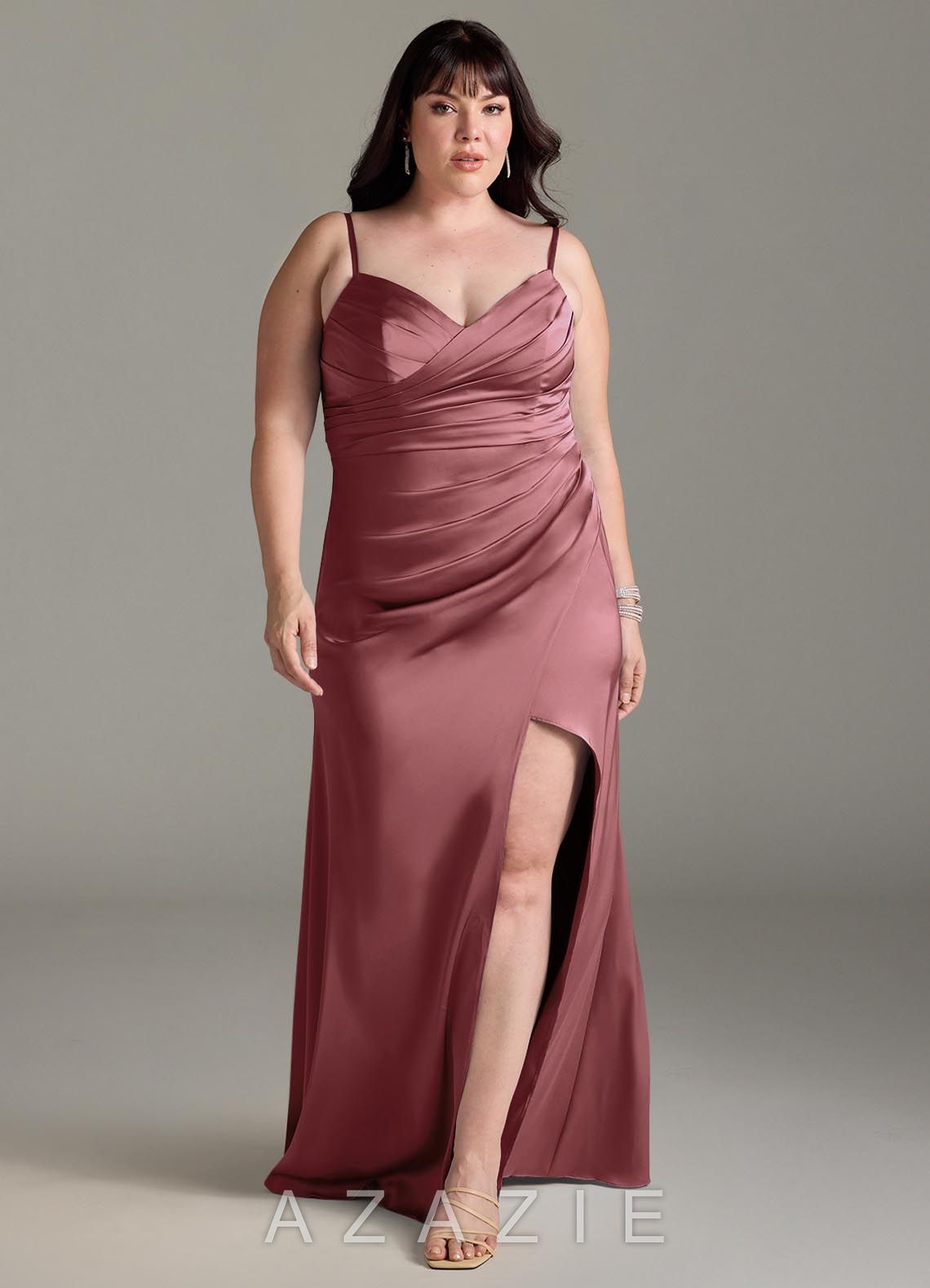 Azazie Yola Amethyst Sheath V-Neck Pleated Stretch Satin Convertible Dress amethyst