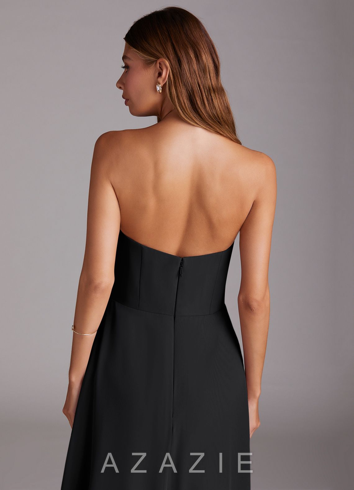 Azazie Wren Black A-Line Strapless Chiffon Dress black