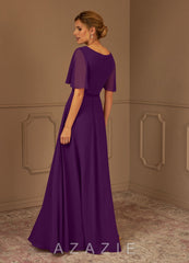 Azazie Tricia Grape A-Line V-Neck Pleated Chiffon Dress grape