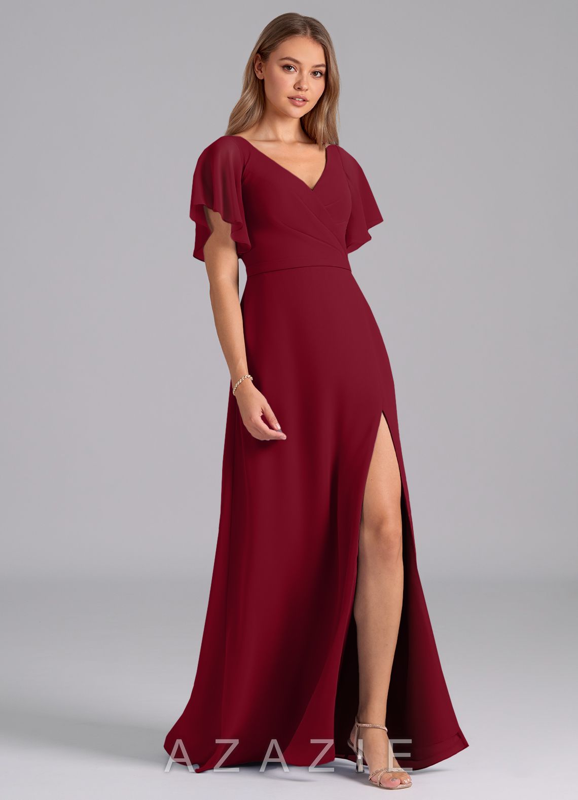 Azazie Ambrosia Burgundy A-Line Pleated Chiffon Dress burgundy