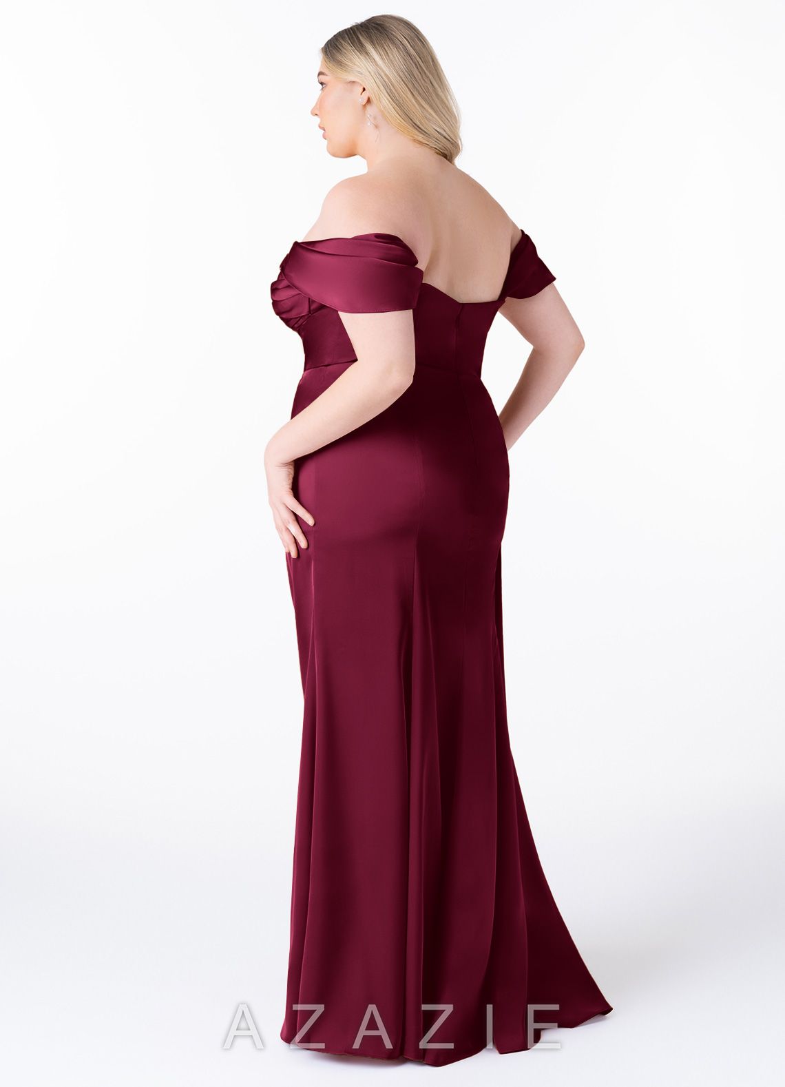Azazie Amyra Burgundy Mermaid Off the Shoulder Stretch Satin Convertible Dress burgundy
