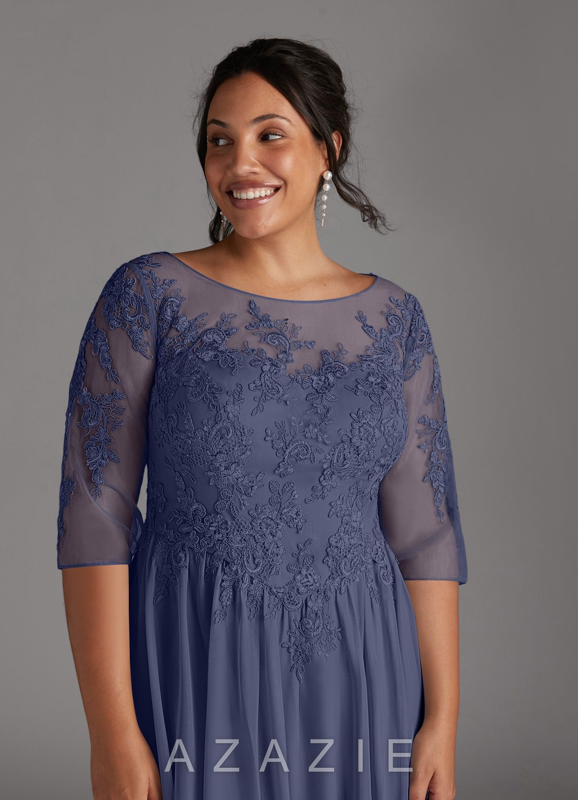 Azazie Harriet Stormy A-Line Scoop lace Mesh Dress stormy