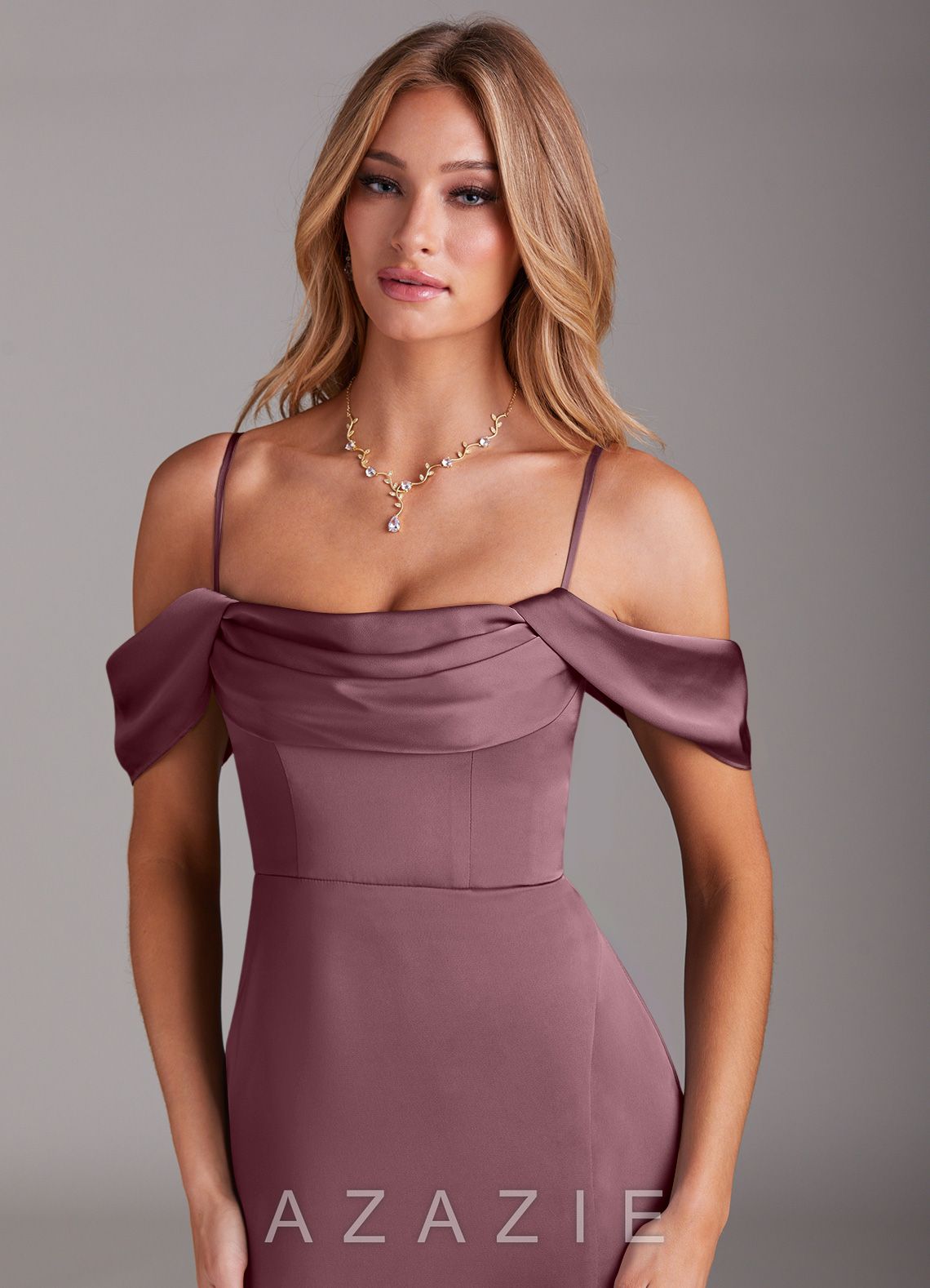 Azazie Saige Amethyst Sheath Off the Shoulder Stretch Satin Dress amethyst