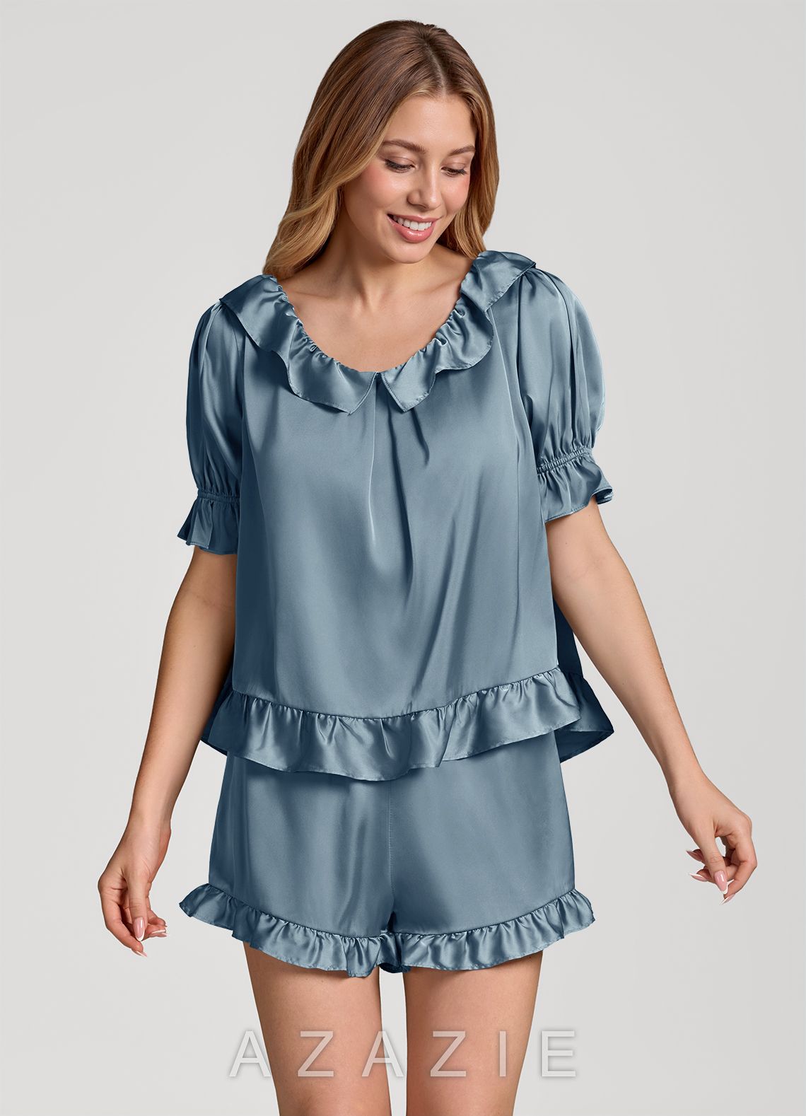 Ruffled Short Sleeve Satin Pajama Set  dusty_blue