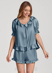 Ruffled Short Sleeve Satin Pajama Set  dusty_blue