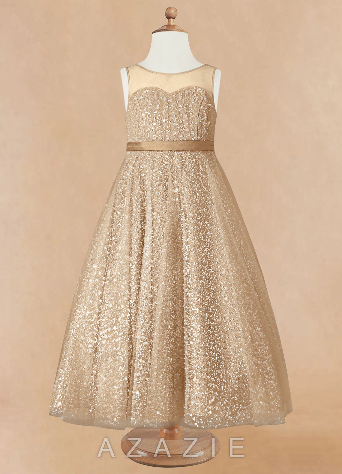Azazie Siwa Champagne A-Line Beaded Tulle Dress champagne
