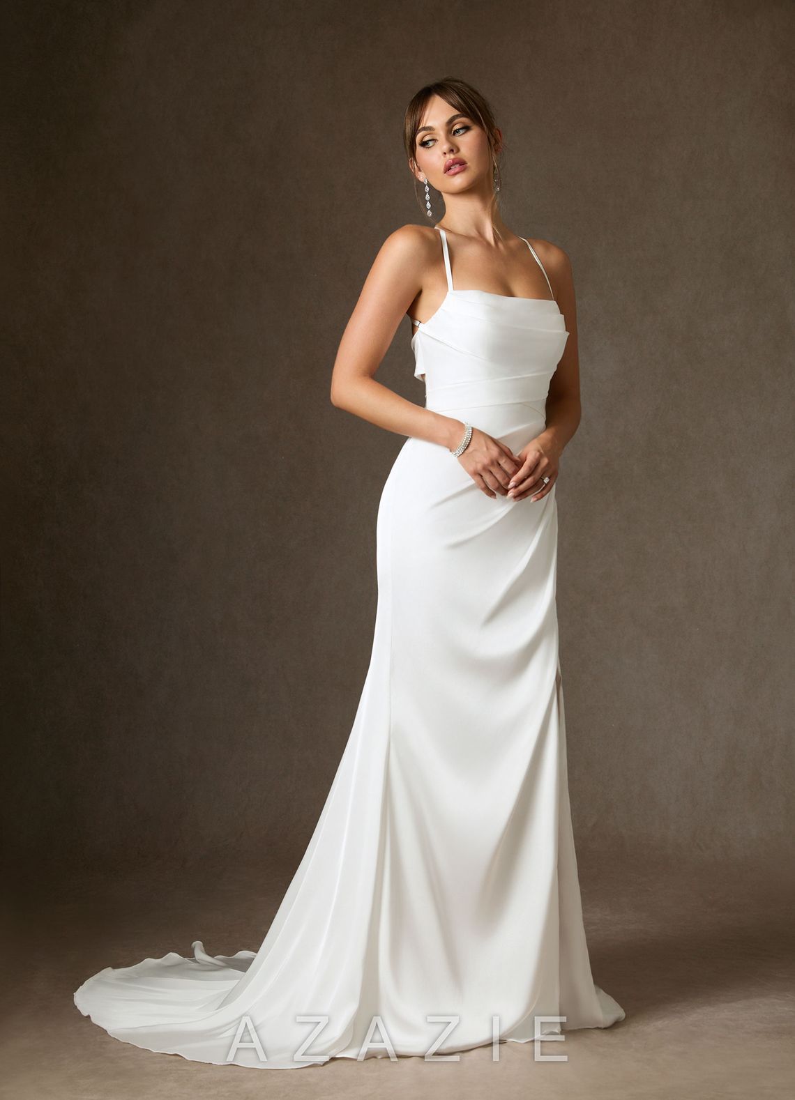 Azazie Kierra Wedding Dress Diamond White Mermaid Pleated Stretch Satin Dress diamond_white