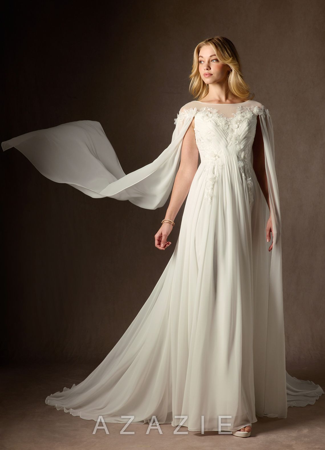 Azazie Linnea Wedding Dress Cream A-Line Scoop Chiffon Dress cream
