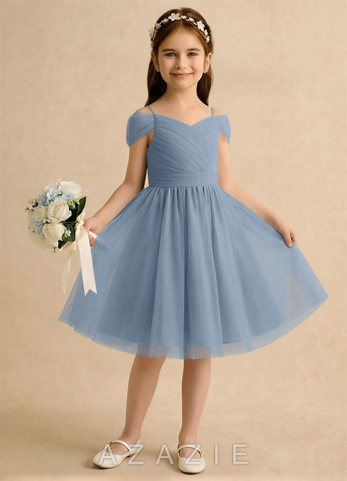 Azazie Lila Girls Formal Dusty Blue A-Line Off the Shoulder Tulle Dress dusty_blue