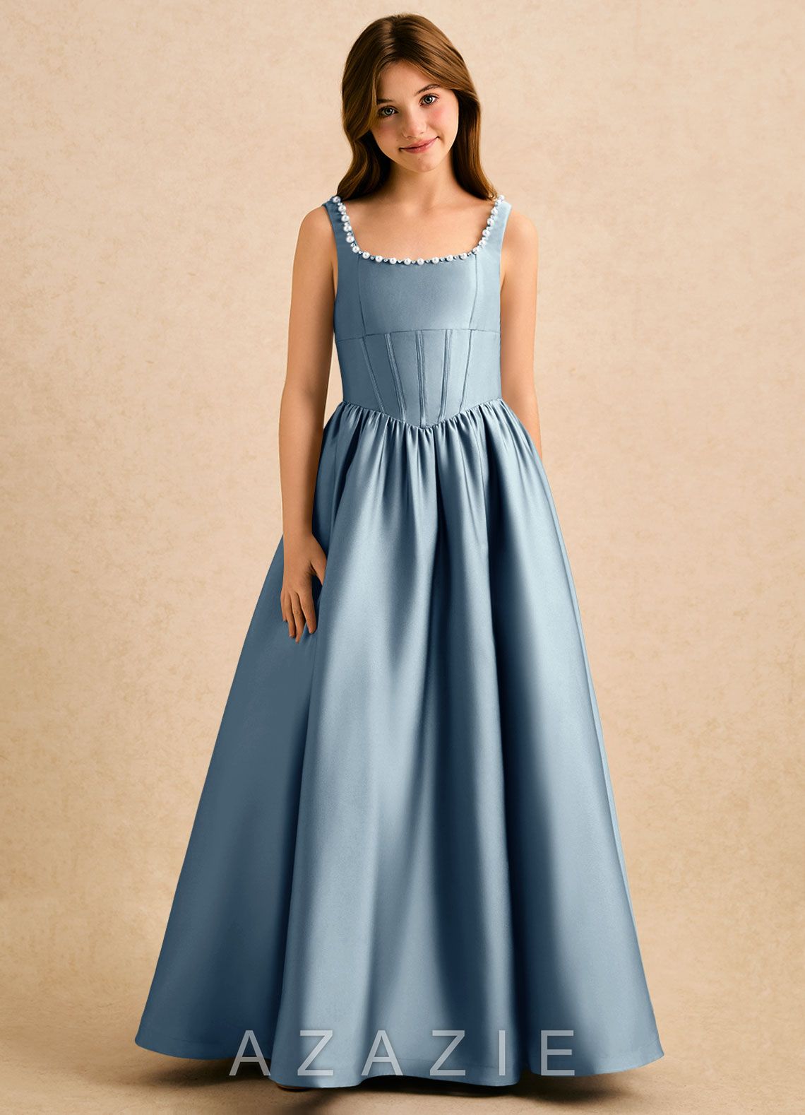 Azazie Enid Girls Formal Dusty Blue A-Line Beaded Stretch Satin Dress dusty_blue