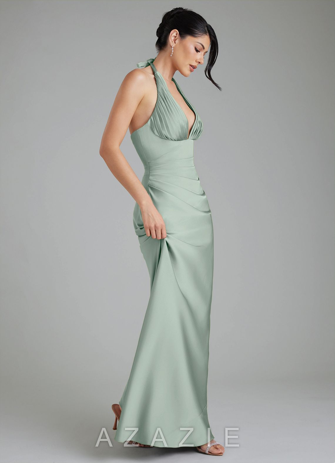 Azazie Torrance Agave Mermaid Corset Stretch Satin Dress agave
