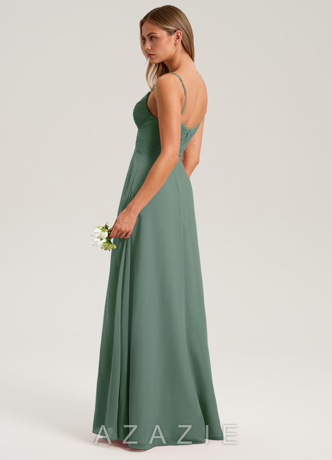 Azazie Terese Eucalyptus A-Line Pleated Chiffon Dress eucalyptus