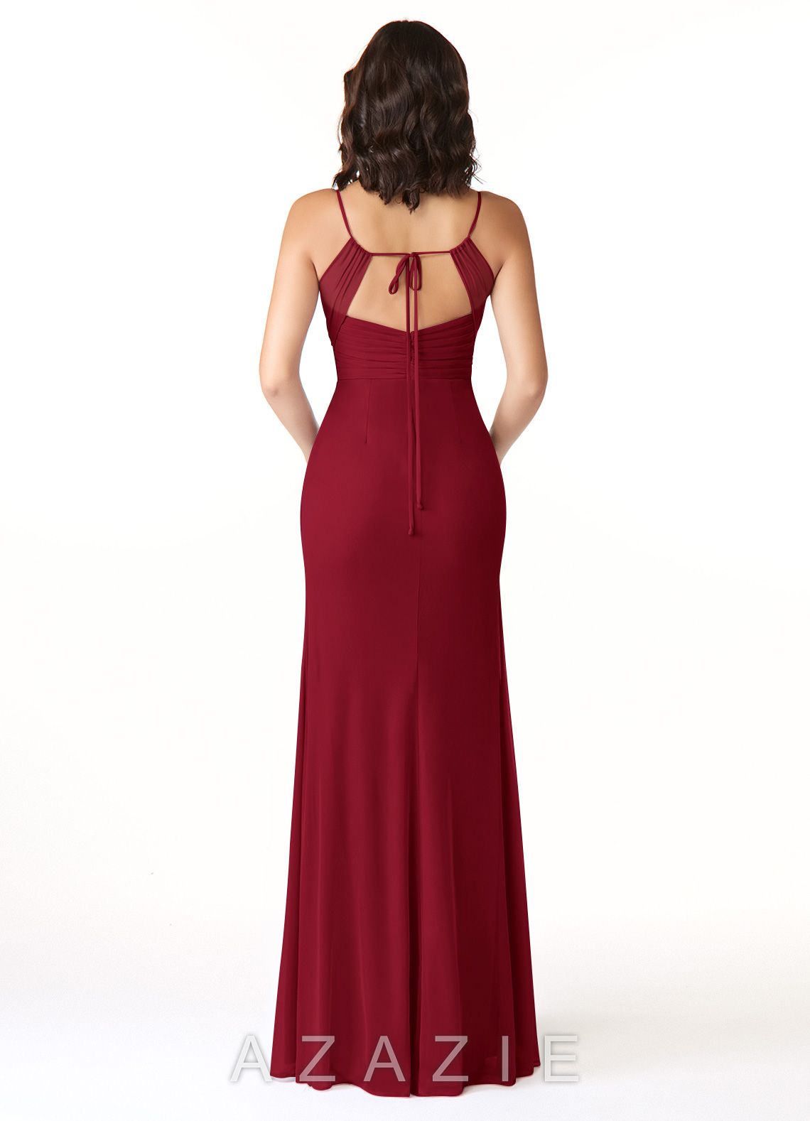 Azazie Reneya Burgundy Mermaid Bow Mesh Dress burgundy
