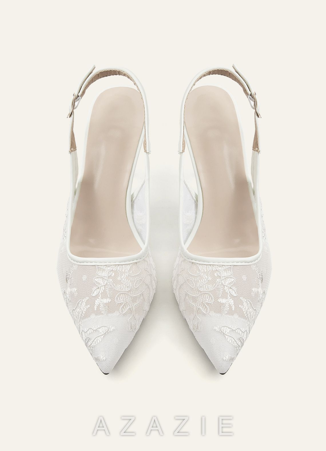 Embroidered Tulle Pointed Toe Slingback Heels  ivory