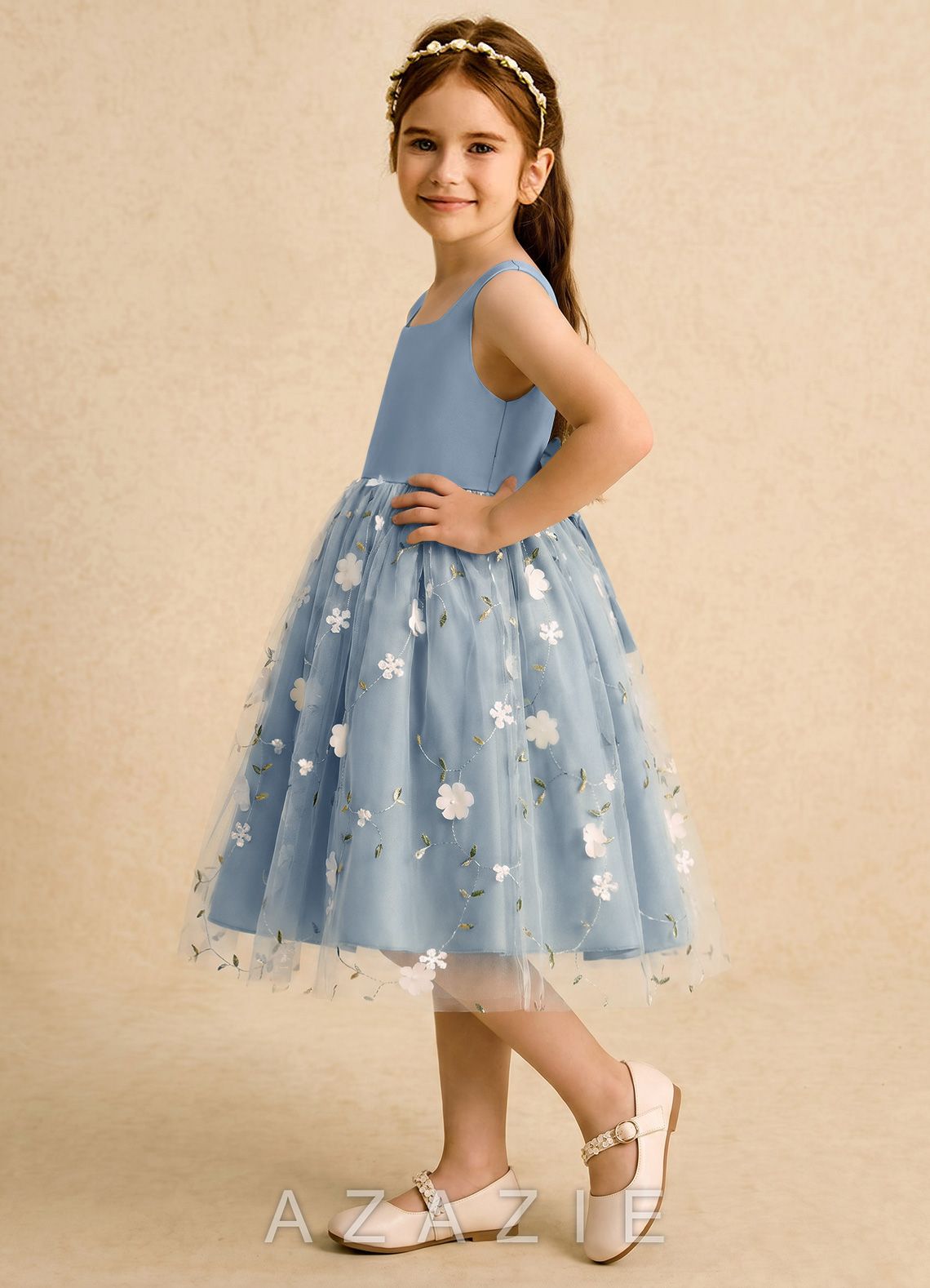 Azazie Bean Dusty Blue Ball-Gown Bow Tulle Dress dusty_blue