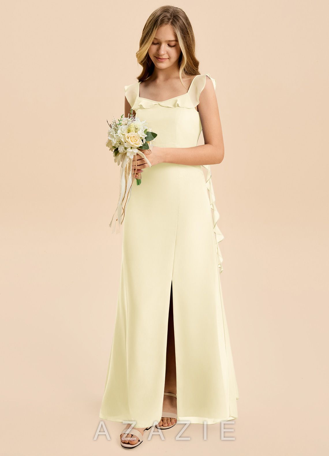Azazie Cindy Junior Lemon Sorbet A-Line Ruched Chiffon Dress lemon_sorbet