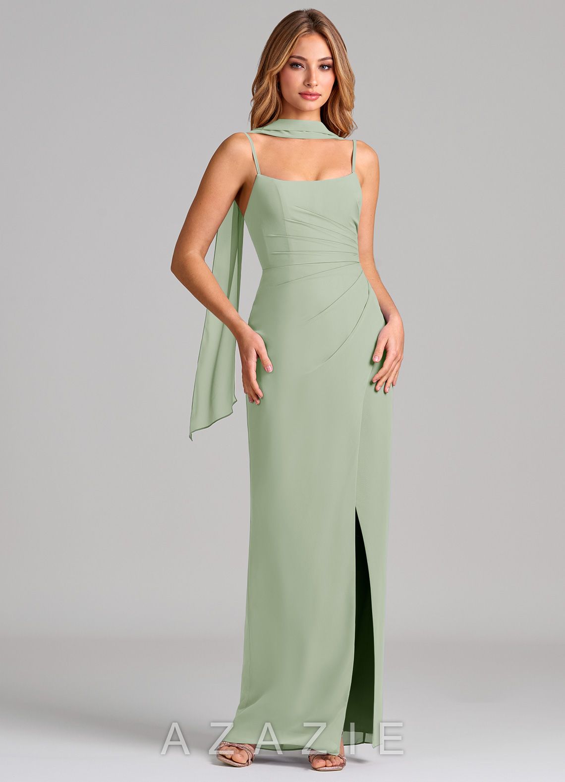 Azazie Calandra Dusty Sage Sheath Pleated Chiffon Dress