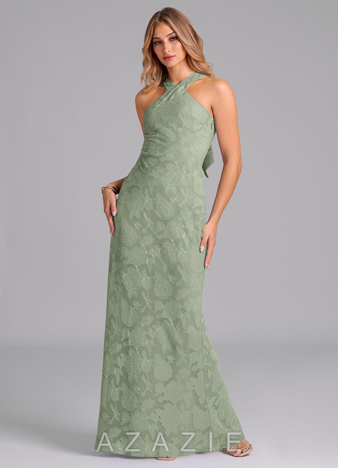 Azazie Doretta Agave Mermaid Pleated Floral Burnout Dress agave
