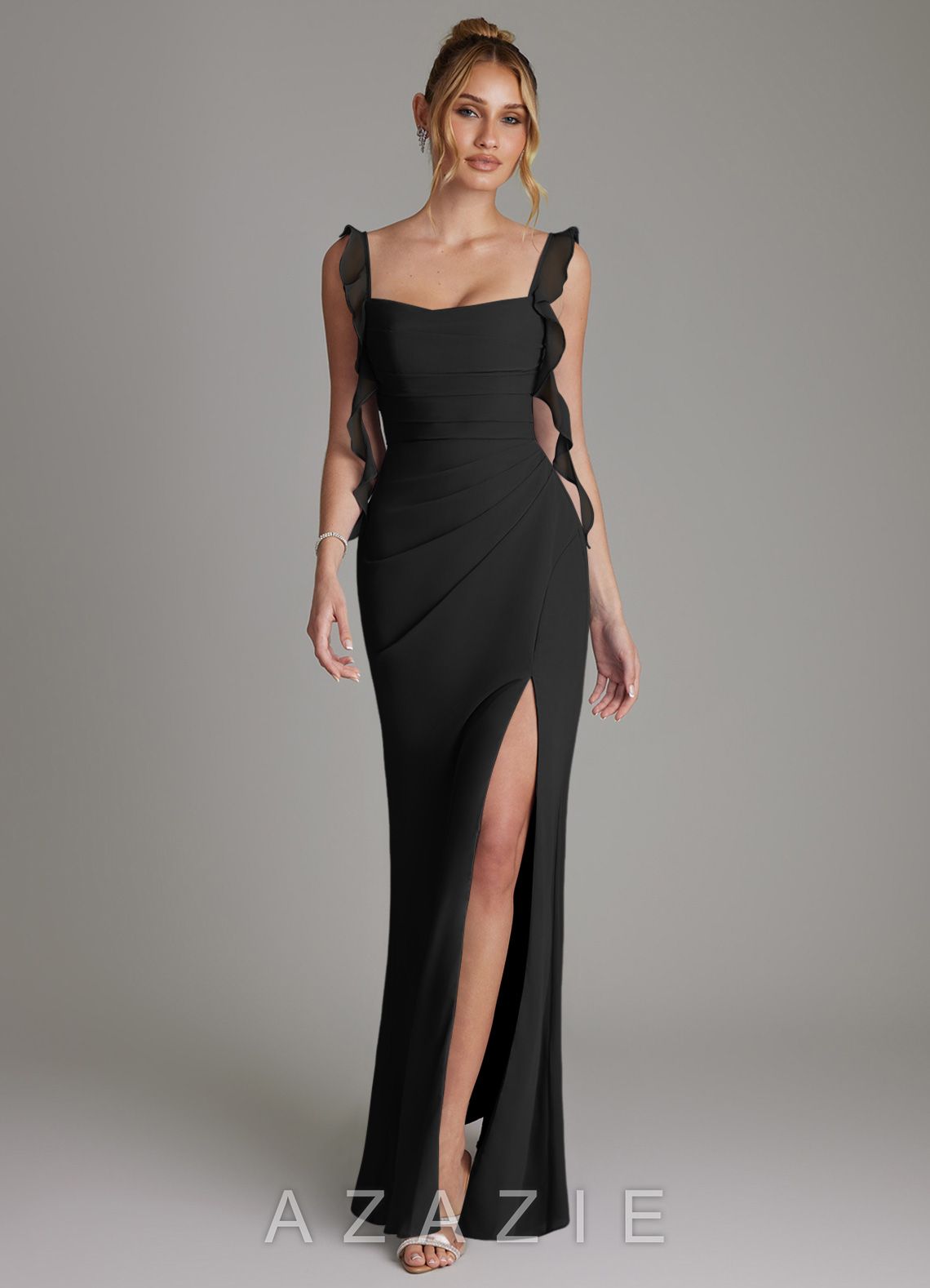 Azazie Jessamine Black Mermaid Corset Chiffon Dress