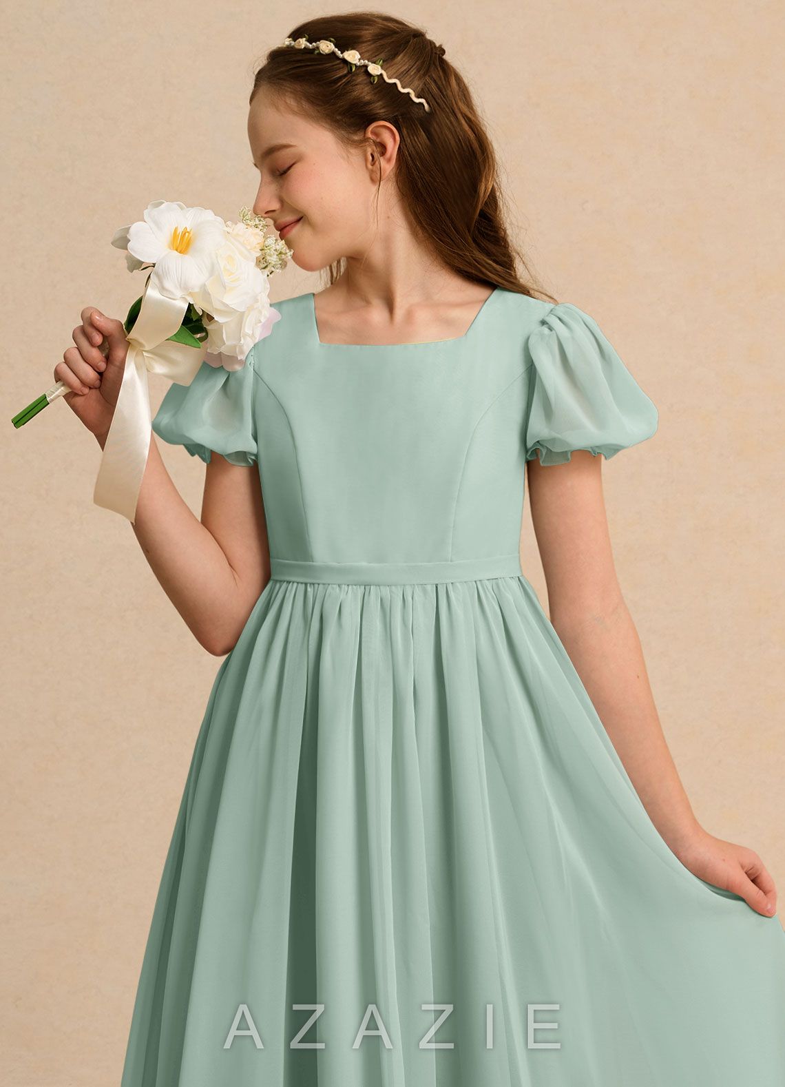 Azazie Lilia Girls Formal Agave A-Line with Sleeves Chiffon Dress agave
