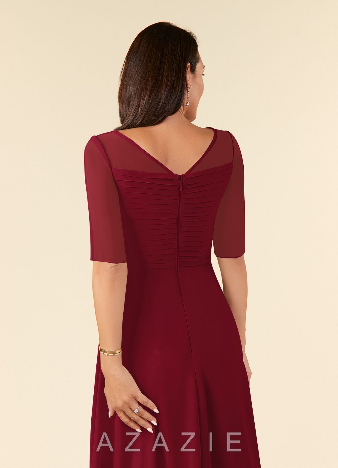 Azazie Naomi Burgundy A-Line Boatneck Pleated Chiffon Dress burgundy