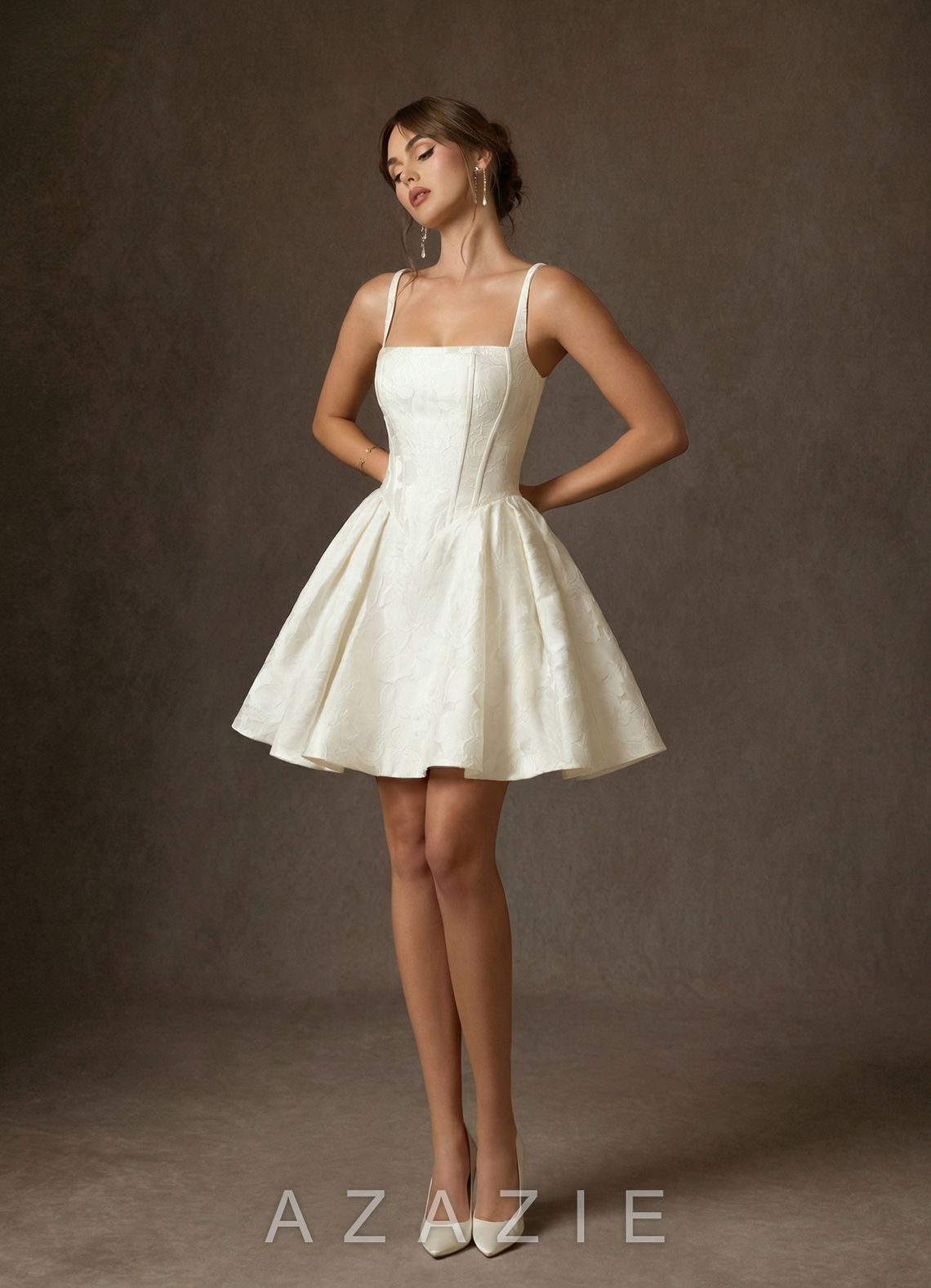 Azazie Daisley Antique White A-Line with Pockets Floral Jacquard Dress antique_white