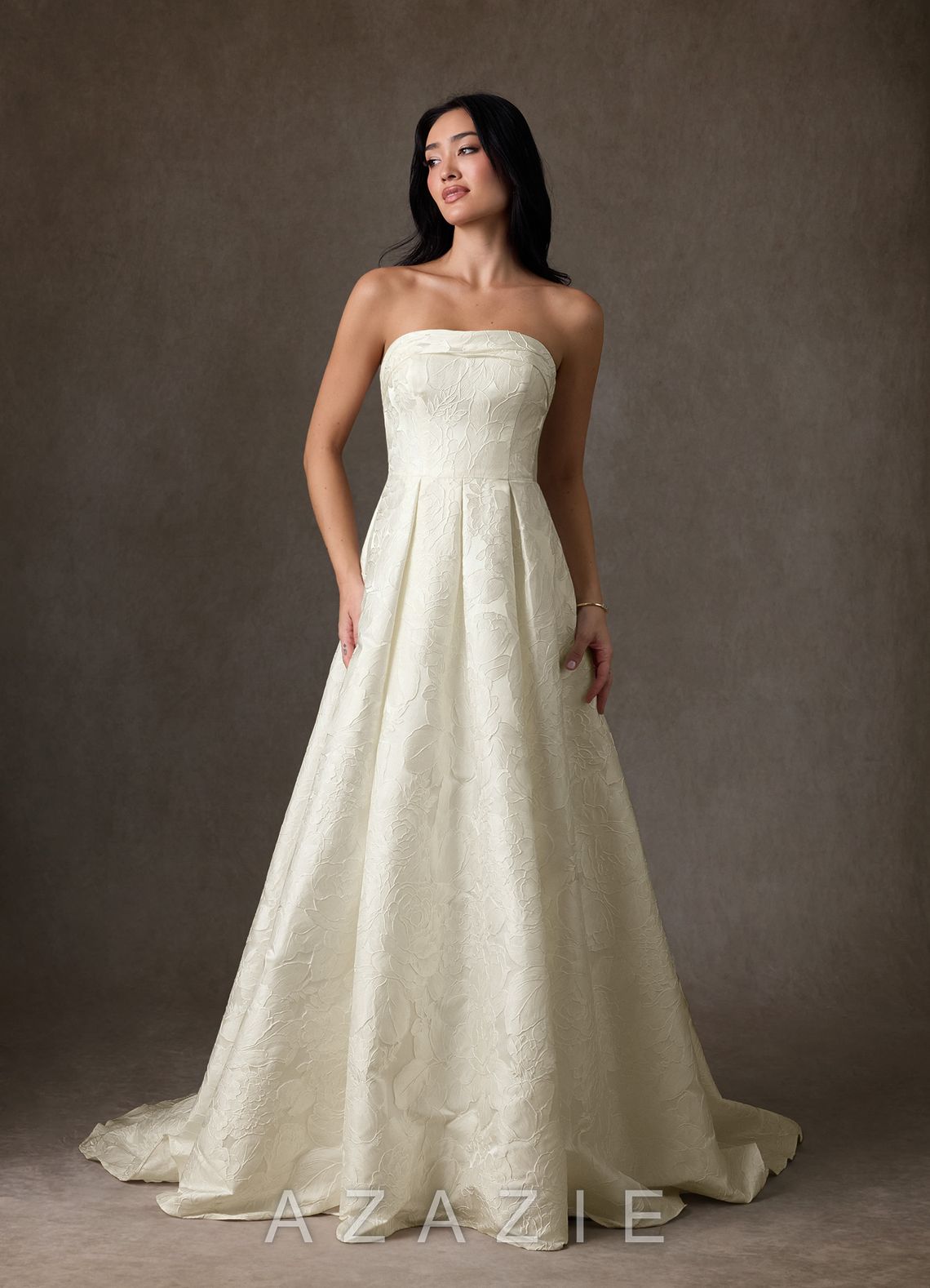 Azazie Desiree Antique White Ball-Gown Strapless Floral Jacquard Dress