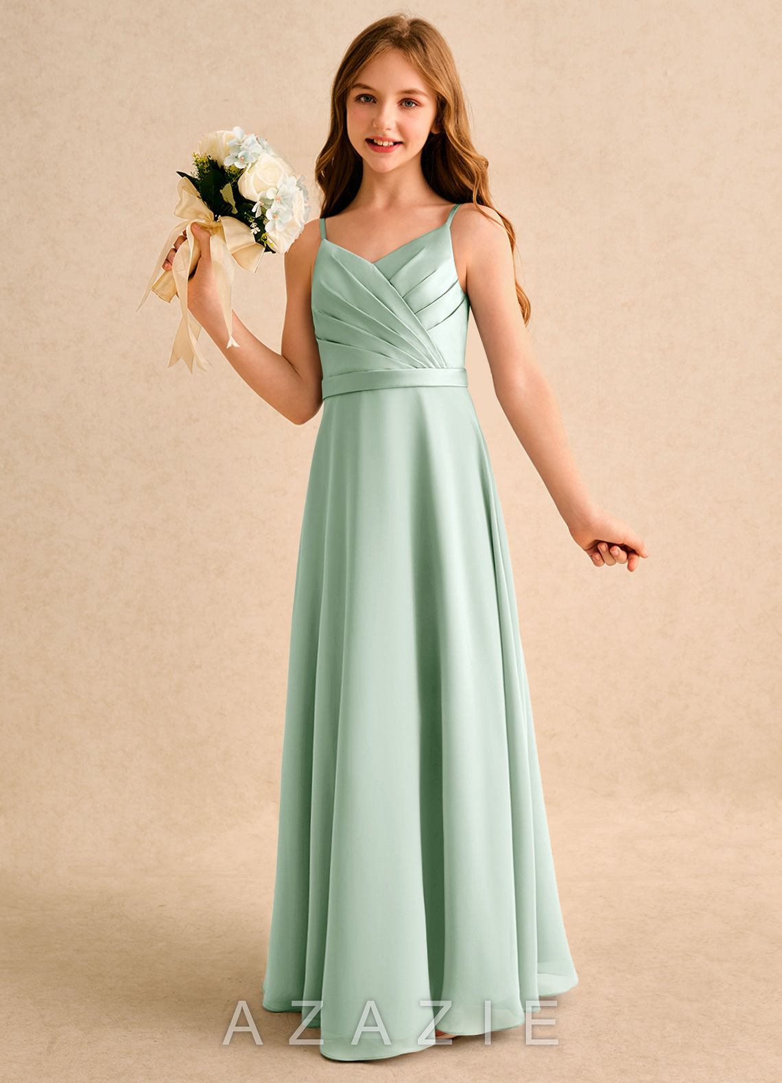 Azazie Umina Girls Formal Agave A-Line Pleated Matte Satin Dress agave
