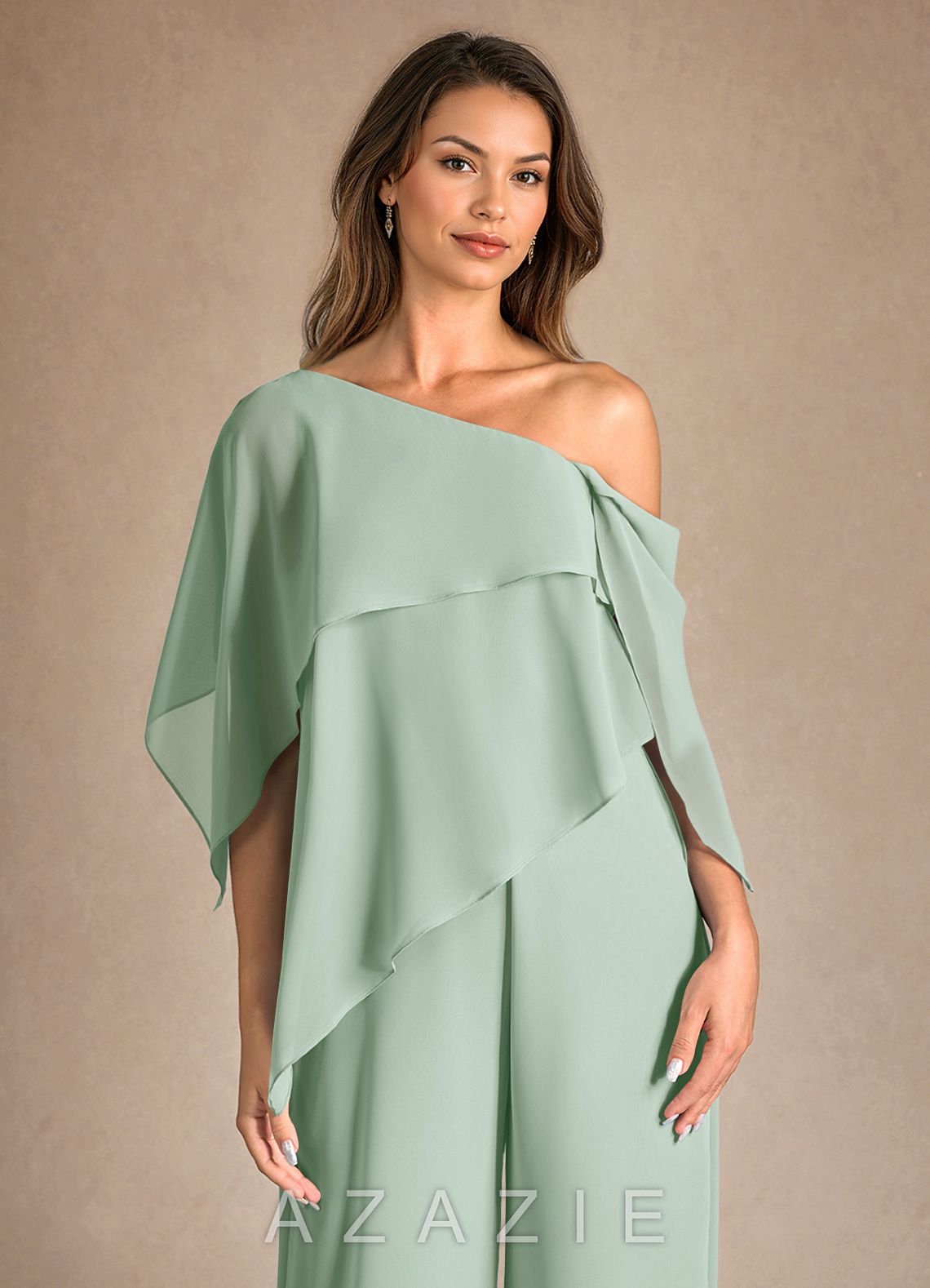 Azazie Halima Agave Jumpsuit/Pantsuit Side Slit Chiffon Dress agave