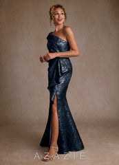 Azazie Hampton Dark Navy Mermaid One Shoulder Jacquard Dress dark_navy