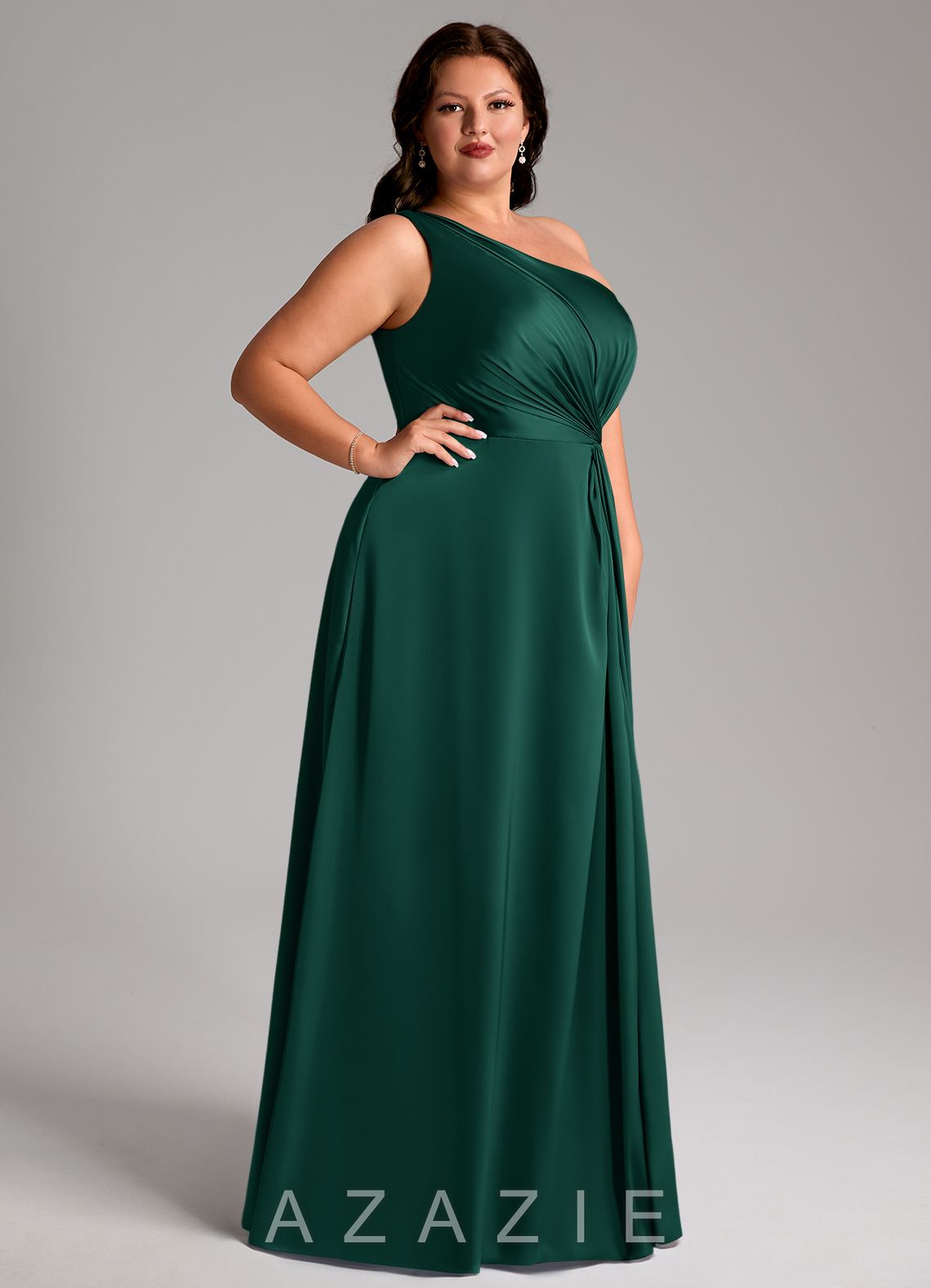 Azazie Brooke Emerald A-Line One Shoulder Stretch Satin Dress emerald