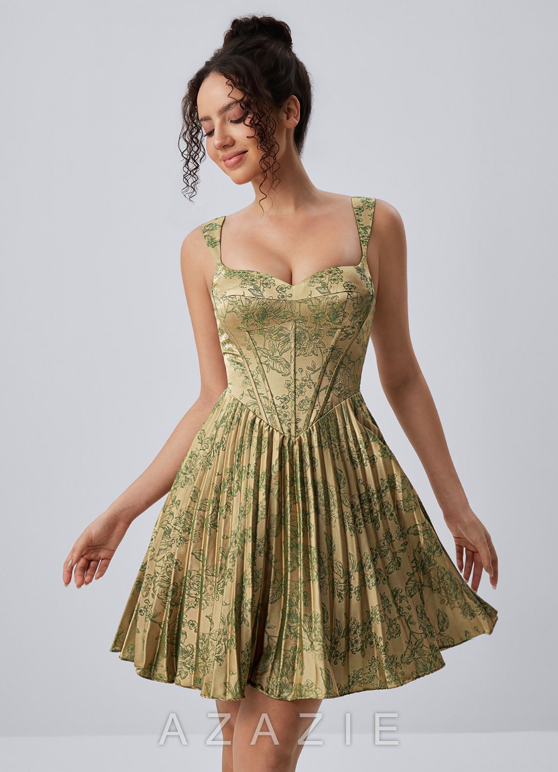 Jade Green Brown Spaghetti Strap Floral Pleated Lace-Up Mini Dress