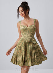 Jade Green Brown Spaghetti Strap Floral Pleated Lace-Up Mini Dress