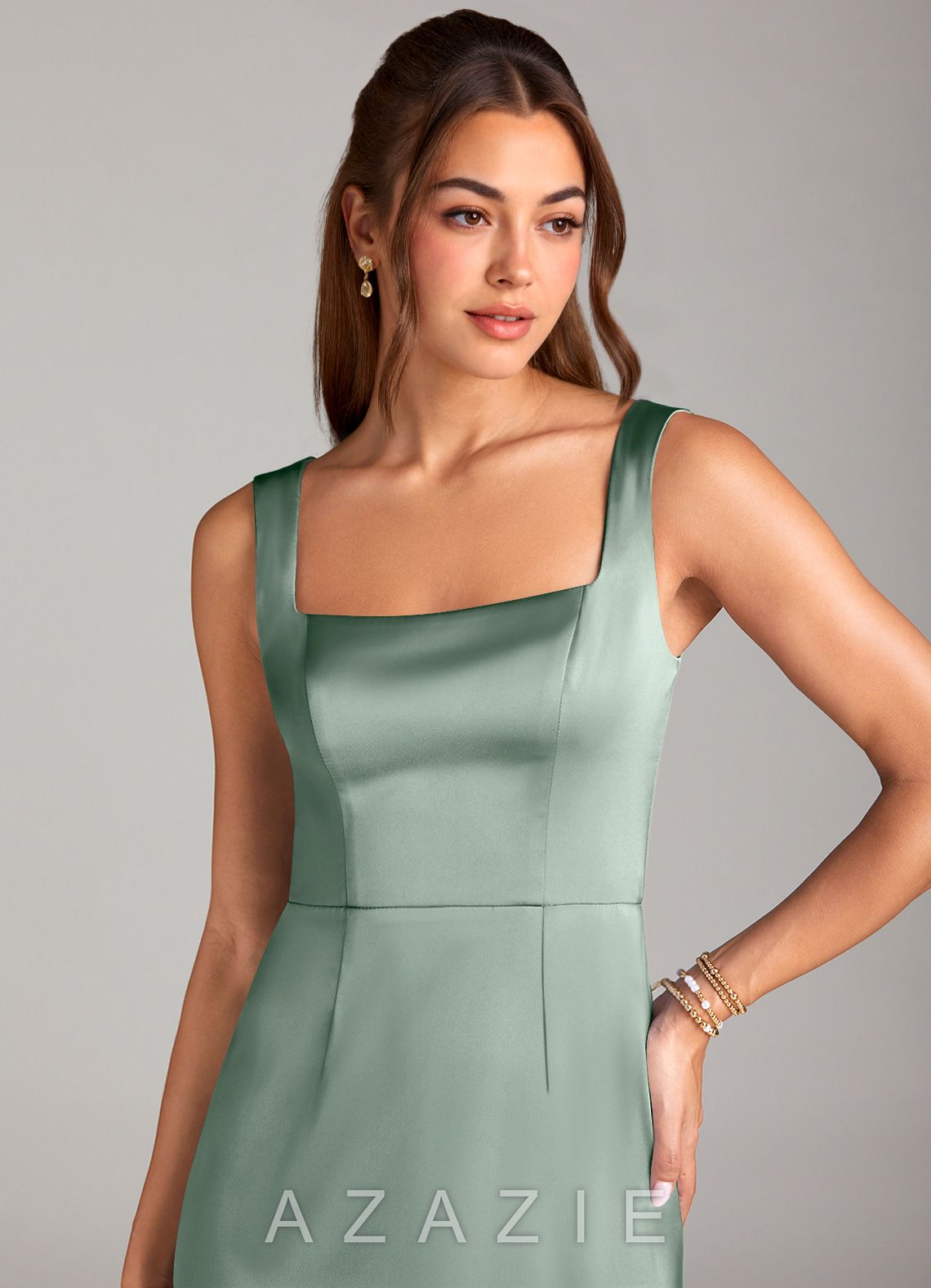 Azazie Flori Agave Sheath Side Slit Stretch Satin Dress agave
