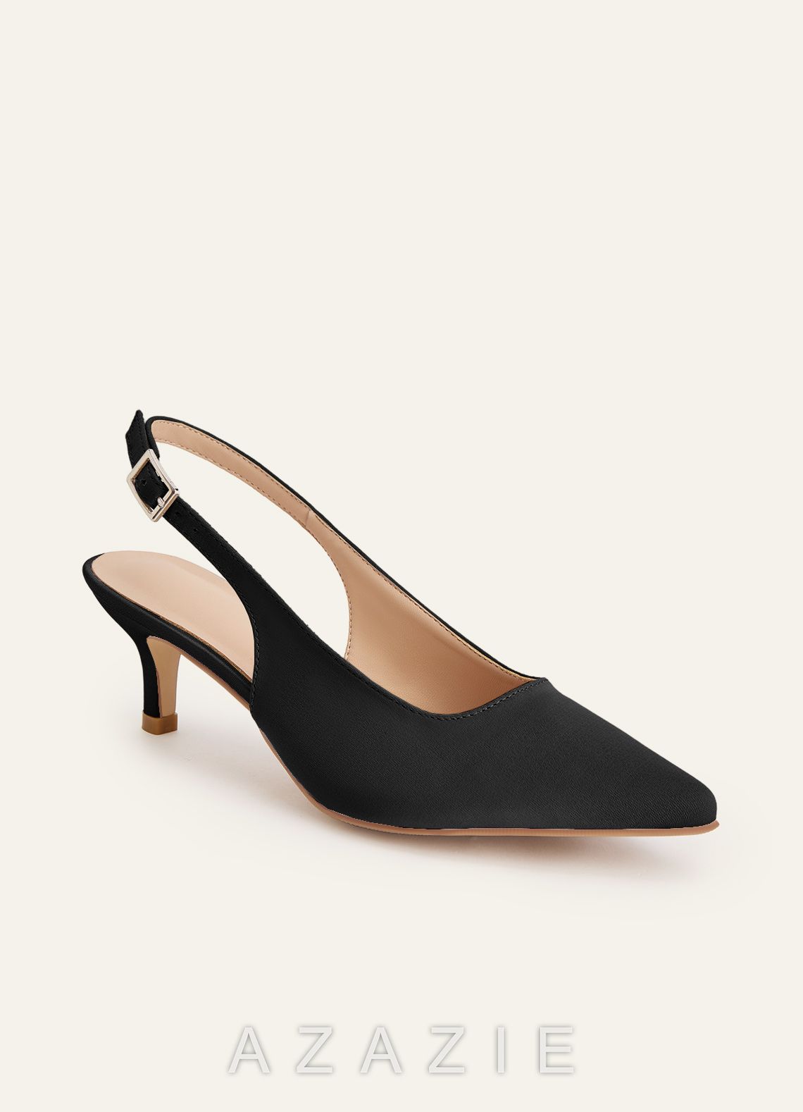 Matching Color Matte Satin Pointed Toe Slingback Kitten Heel