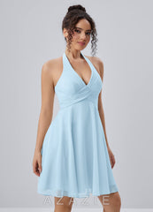 Joviannelle Light Blue Halter Hand Ruched Chiffon Mini Dress