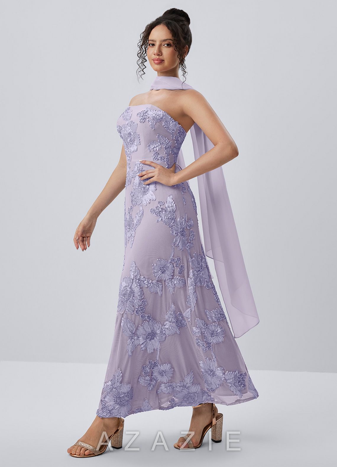 Esperanza Pale Purple Strapless 3D Floral Applique Maxi Dress