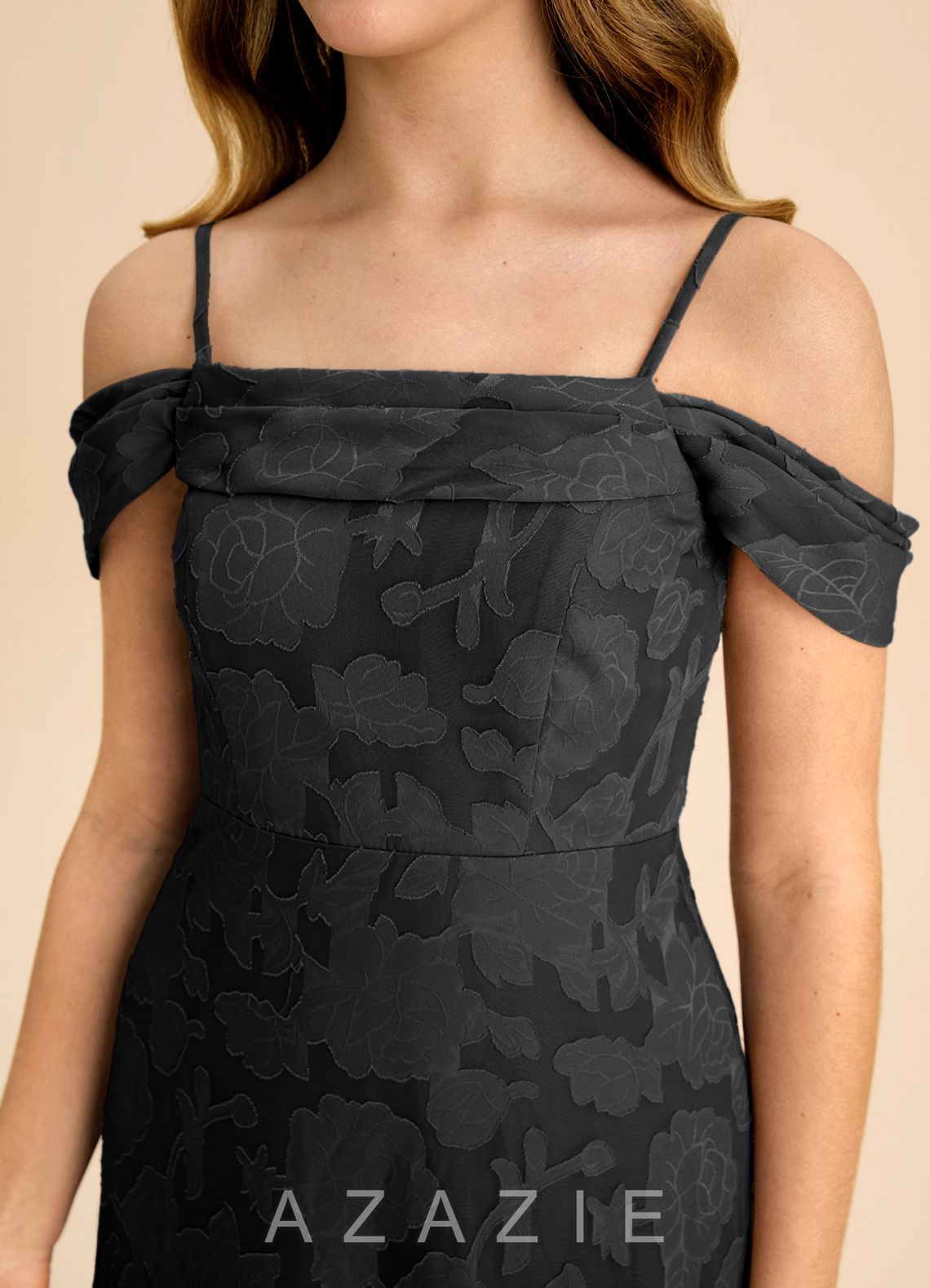 Azazie Anselie Junior Black A-Line Off the Shoulder Floral Burnout Dress black