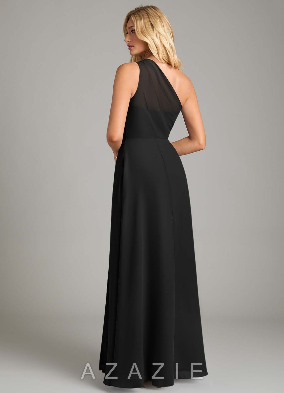 Azazie Phaedra Black A-Line One Shoulder Chiffon Dress black